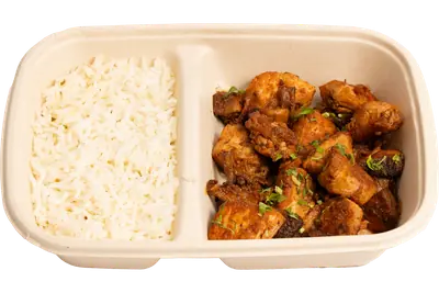 Garlic Mushroom Chicken Bites with Herb Rice